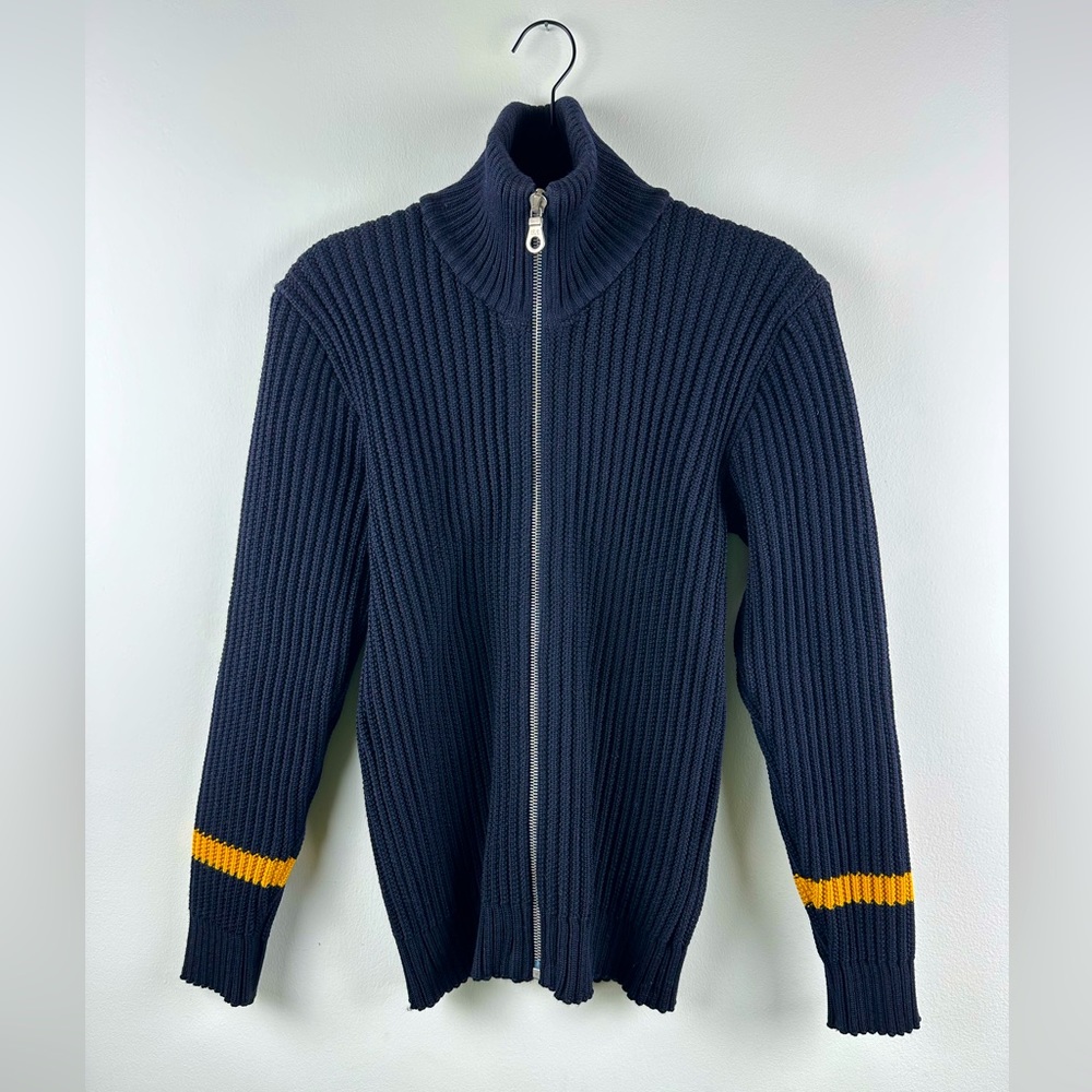 Commes des Garcon navy wool zip up sweater yellow stripe preppy men’s size S 90s